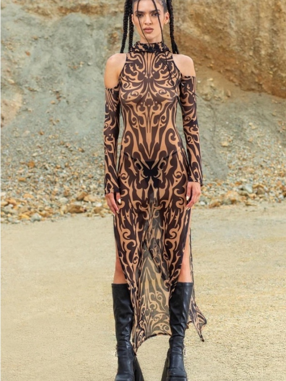 Cold-Shoulder Sheer Maxi Dress in Brown Pattern